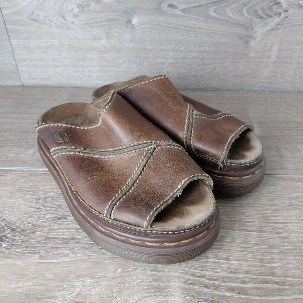 VTG Dr Marten Sandals Women 6 Brown Leather Chunky Slides Made England Fisherman
